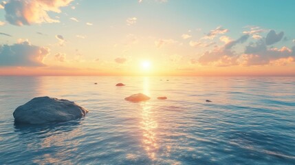 Naklejka premium Sunset Over Calm Ocean With Rocks
