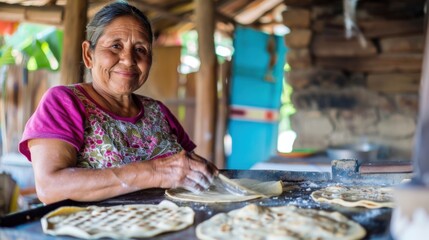 A humble Nicaraguan woman preparing tortillas on a metal griddle, showcasing the everyday life and traditional cooking practices of Latin American people. 