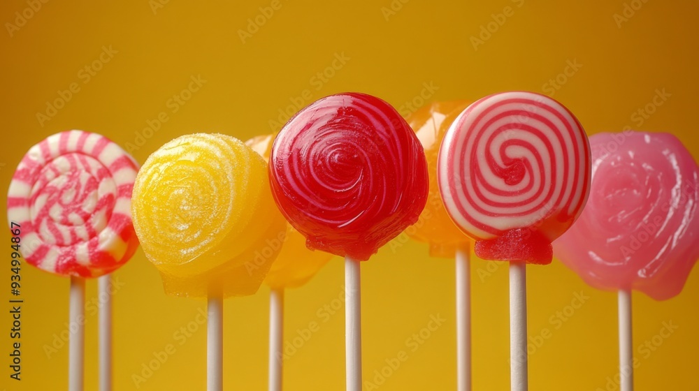 Poster Detailed view of a variety of lollipops with different shapes and colors, emphasizing their glossy and textured surfaces