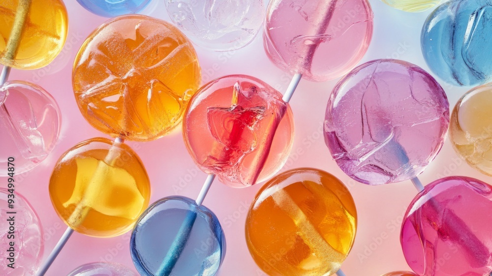 Poster Detailed view of a variety of lollipops with different shapes and colors, emphasizing their glossy and textured surfaces