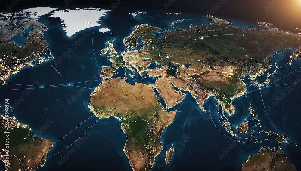Poster metaverse technology is integrated into the world map and has interconnected line elements refers to