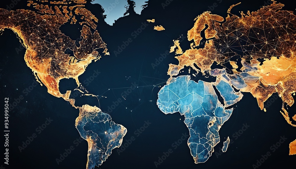 Poster metaverse technology is integrated into the world map and has interconnected line elements refers to