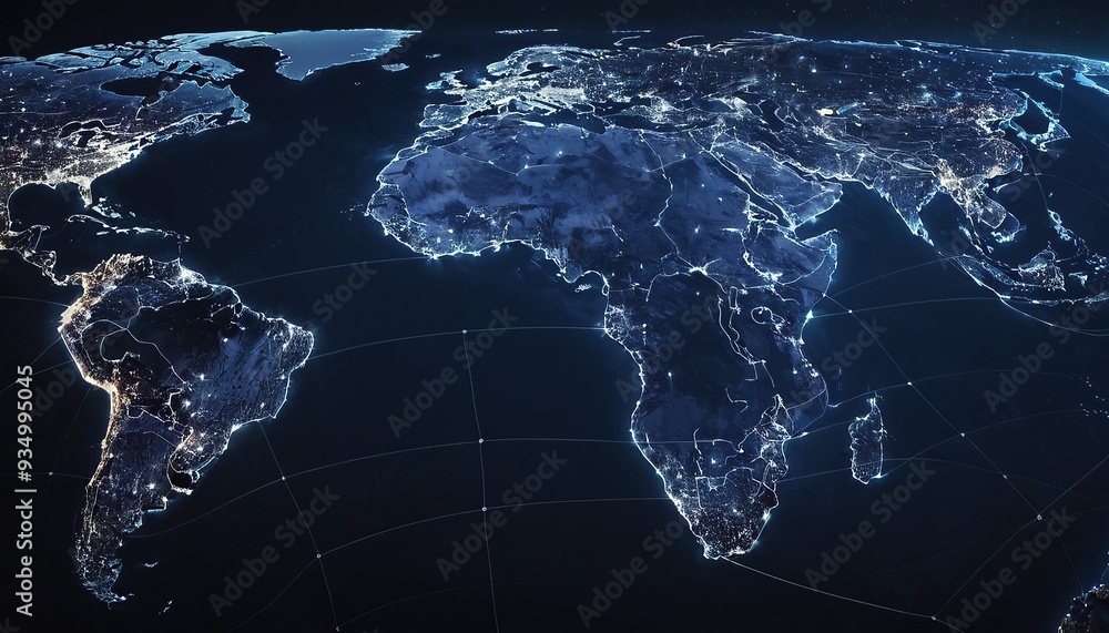 Poster metaverse technology is integrated into the world map and has interconnected line elements refers to