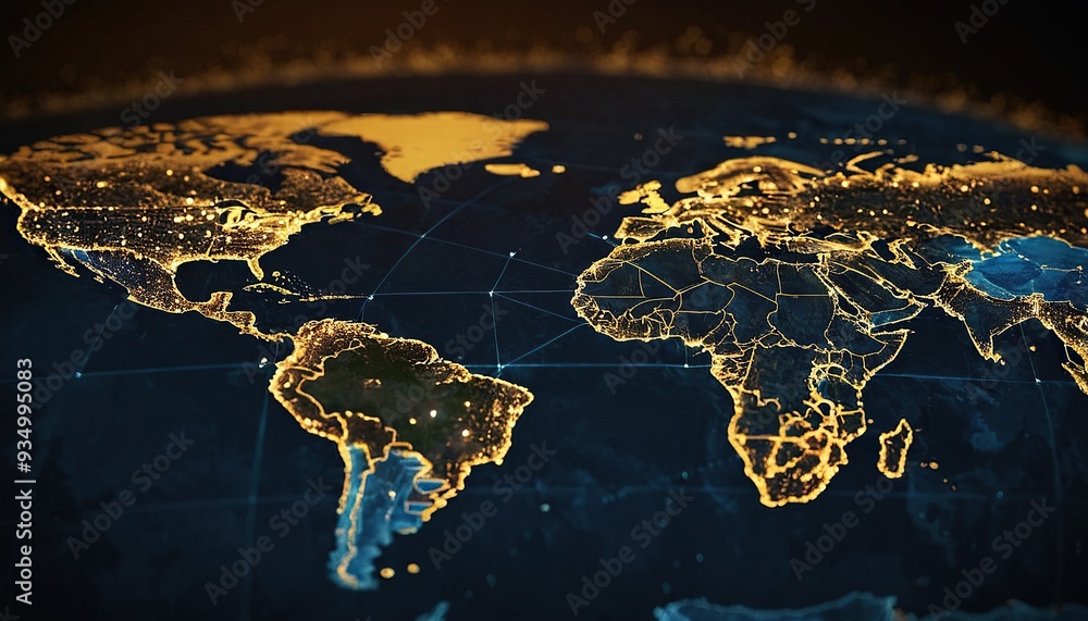 Poster metaverse technology is integrated into the world map and has interconnected line elements refers to