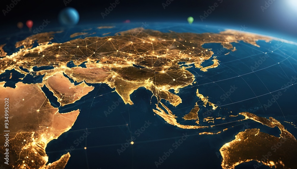 Poster metaverse technology is integrated into the world map and has interconnected line elements refers to