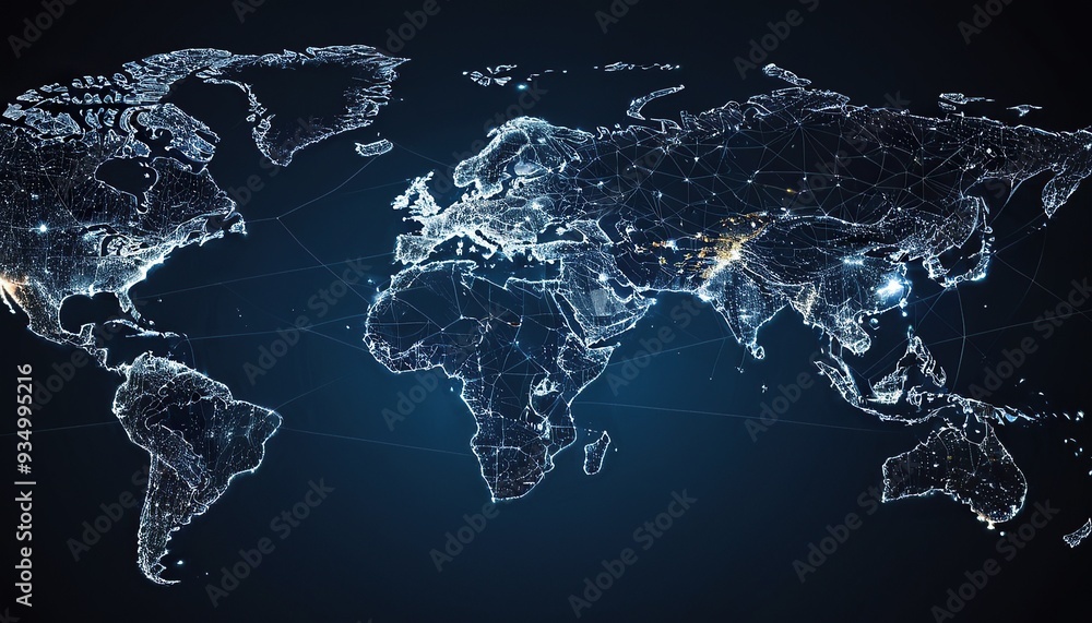 Poster metaverse technology is integrated into the world map and has interconnected line elements refers to