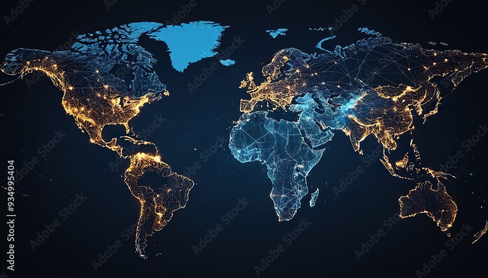 Poster metaverse technology is integrated into the world map and has interconnected line elements refers to