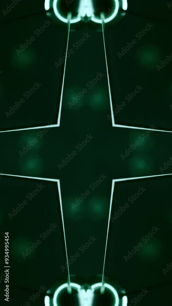 Poster Moving animation with grid with out-of-focus. Design. Circular chains with star pattern and dots move in space. Movement of pattern with grid and dots in space with focus