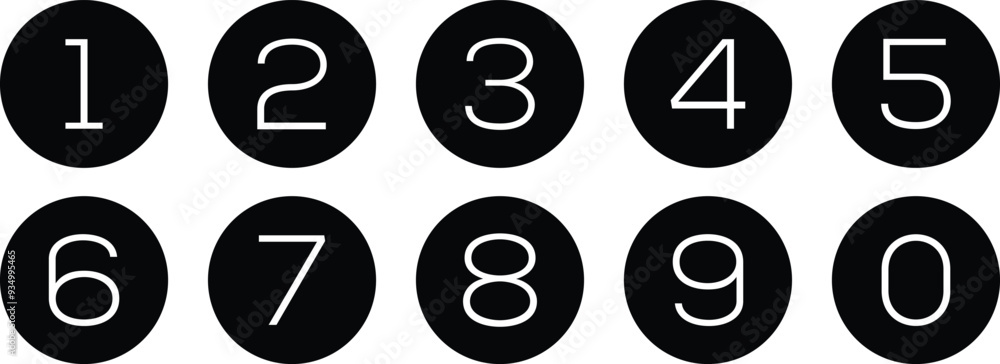 Poster simple numbers icon with black circle. from 0 to 9. number button art vector illustration.