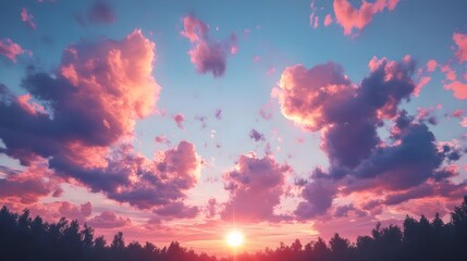 Pink and Purple Sunset Sky with Clouds.