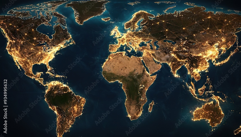 Poster metaverse technology is integrated into the world map and has interconnected line elements refers to