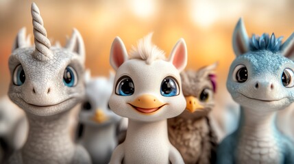 Adorable lineup of cute baby fantasy creatures with large, expressive eyes. Perfect for children's stories, animation, and whimsical designs.
