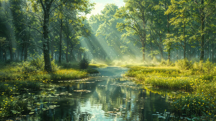 Fototapeta premium Forest scene with sunlight streaming through trees and reflecting on a calm river