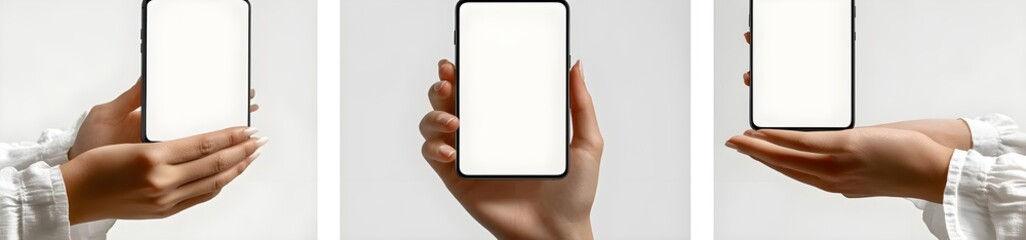 Woman's Hands Holding Smartphone with Blank White Screen.