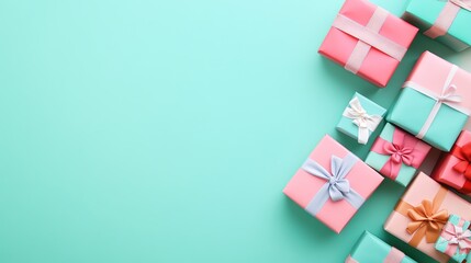 Colorful gift boxes with bows on a turquoise background, perfect for holiday, birthday, or celebration themes in vibrant and cheerful settings.