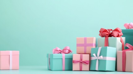 Colorful gift boxes with ribbons arranged against a turquoise background, ideal for celebrations...