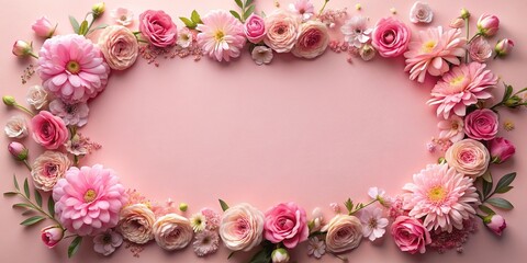 Pink flower frame on pastel pink background for Valentine's, Mother's, or Women's Day celebration, Flowers