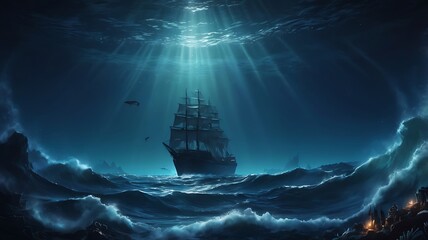 Obraz premium digital artwork depicting an underwater scene with a serene and mystical atmosphere features a wide view of the ocean floor, illuminated by beams of light filtering through the water from above