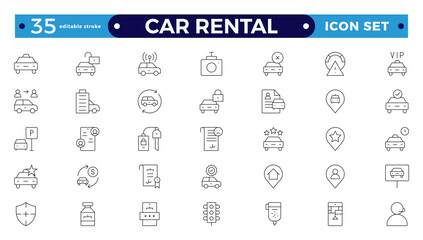 Car and rent simple minimal thin line icons. Related car rental, repair, transport, and travel. Car dealer, vehicle, and automobile industry-related outline icons set. Editable stroke outline icon. 