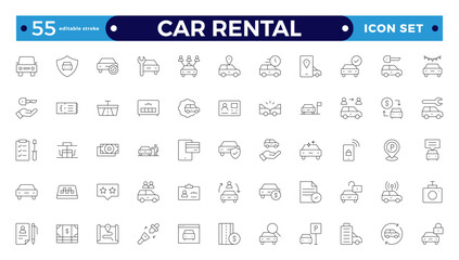Car and rent simple minimal thin line icons. Related car rental, repair, transport, and travel. Car dealer, vehicle, and automobile industry-related outline icons set. Editable stroke outline icon. 
