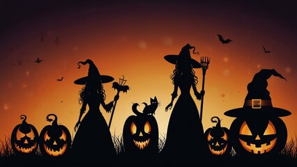 Set of silhouette witch, black cat, pumpkin lantern, bat, ghost.