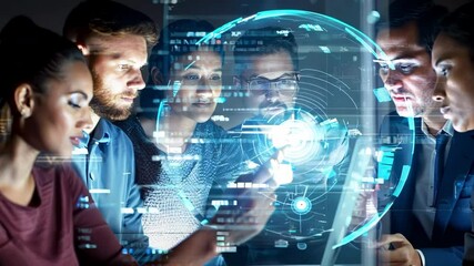 A team collaborates on innovative technology, utilizing digital tools for brainstorming and strategizing solutions.