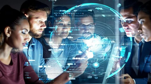 A team collaborates on innovative technology, utilizing digital tools for brainstorming and strategizing solutions.