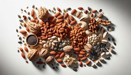 an assortment of nuts and seeds on a solid white background.