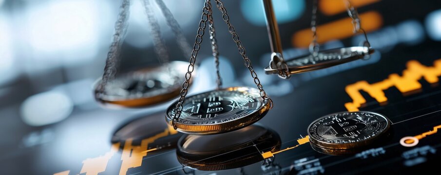 Bitcoin Cryptocurrency on a Scale with a Chart in the Background
