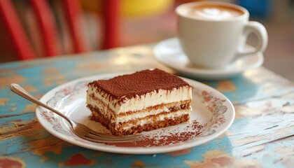 A slice of tiramisu on a white plate with a fork next to it, with a cup of coffee in the background, on a rustic wooden table.