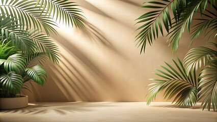 Fototapeta premium studio background with beige color, tropical leaves, shadows for product presentation,