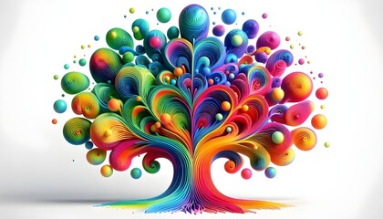 Stylized 3D tree of life in bright rainbow colors on a white background.