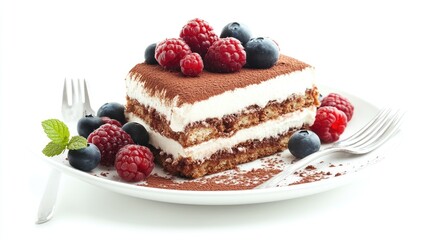 A slice of tiramisu topped with fresh blueberries and raspberries on a white plate with a fork.