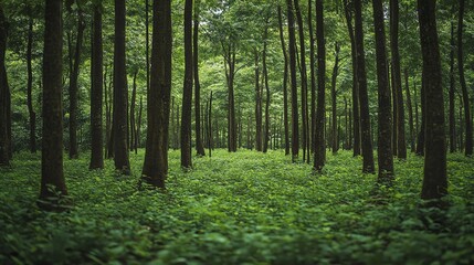 Obraz premium A rubber plantation in a tropical rainforest, showcasing biodiversity, sustainable agriculture, environmental conservation