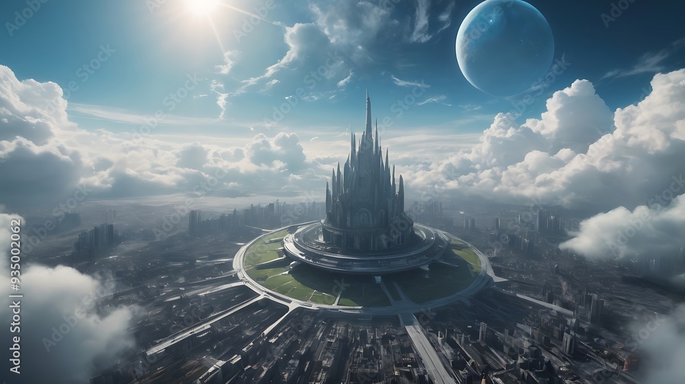 Poster digital artwork depicting a futuristic cityscape features a central, towering structure with sharp, 
