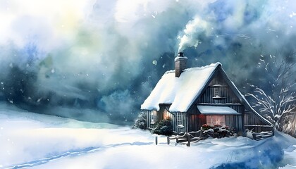 Snow-covered cottage in a cozy and serene winter scene in watercolor style