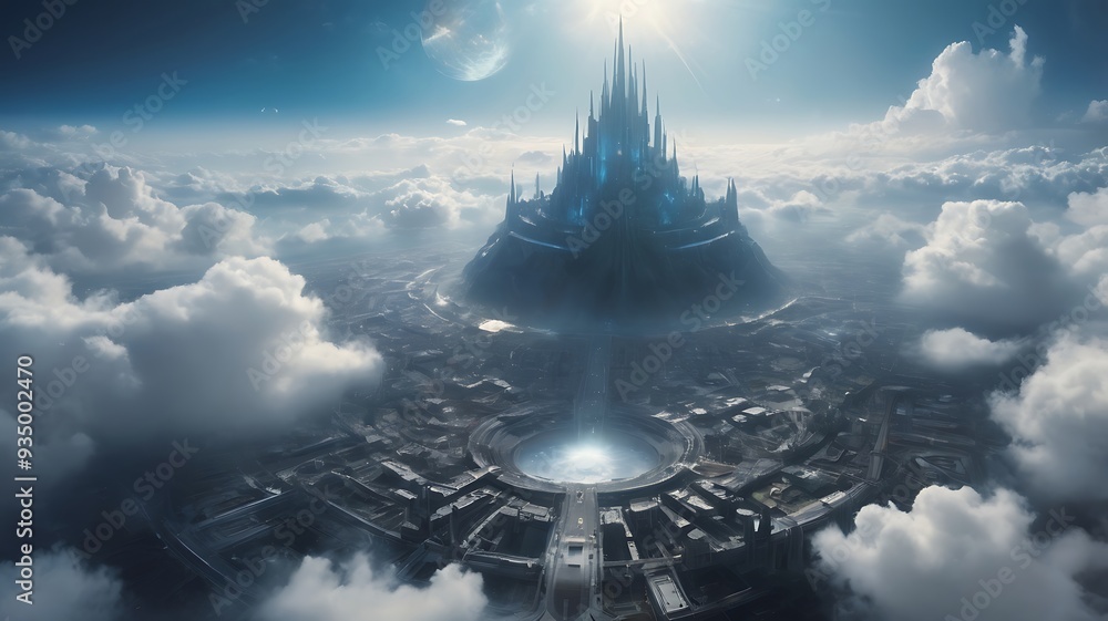 Poster digital artwork depicting a futuristic cityscape features a central, towering structure with sharp, 