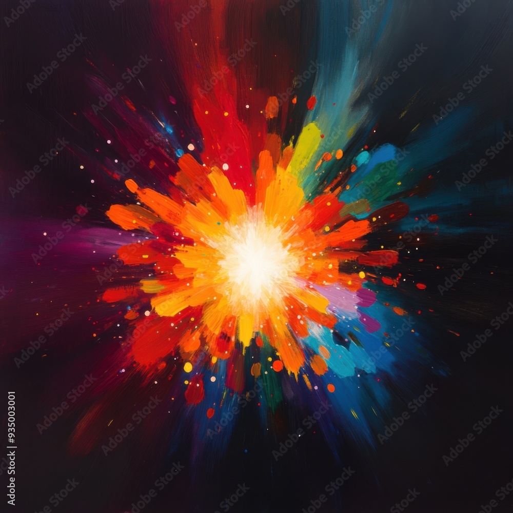 Poster energetic burst of vibrant points and dots - abstract dynamic explosion of colors and energy