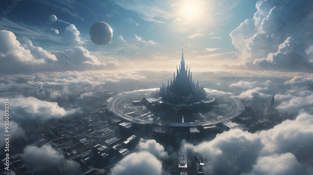 Poster digital artwork depicting a futuristic cityscape features a central, towering structure with sharp, 