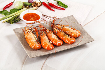 Boiled tiger prawn with sauce