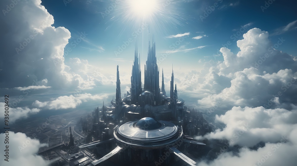 Poster digital artwork depicting a futuristic cityscape features a central, towering structure with sharp, 