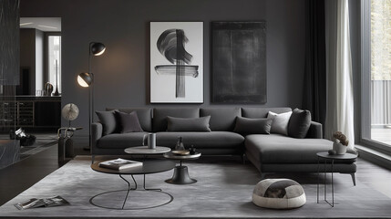 a sleek, monochromatic living room interior design using varying shades of a single color, such as gray. a dark gray sofa with lighter gray walls, a textured gray rug, and black or metallic accents