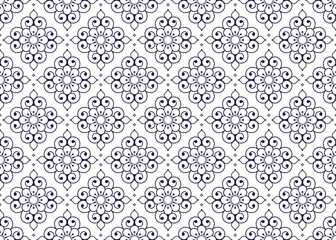 dark blue symbol floral on White background, ethnic fabric seamless pattern design for cloth, carpet, batik, wallpaper, wrapping etc.