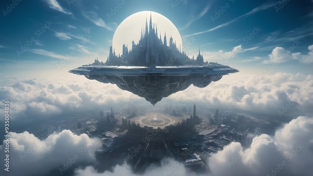 Poster digital artwork depicting a futuristic cityscape features a central, towering structure with sharp, 