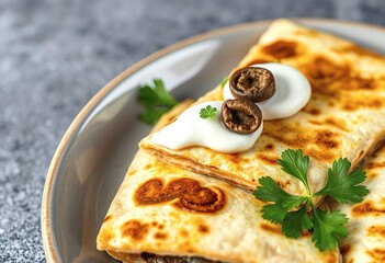 Pieces of quesadilla with mushrooms sour cream and cheese on a plate with parsley leaves