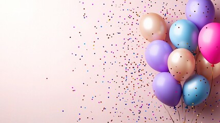 Pastel Balloons and Confetti: A cluster of pastel-colored balloons and confetti float on a blush pink background, creating a whimsical and festive backdrop. 