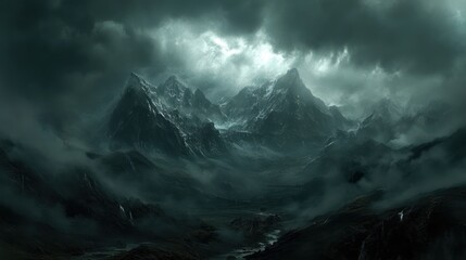 A Dark and Moody Mountain Landscape with Fog and a Stream