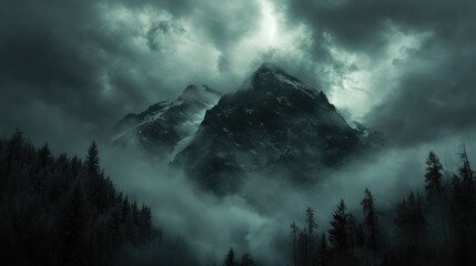 Dark, Stormy Mountain Peak with Fog and Trees