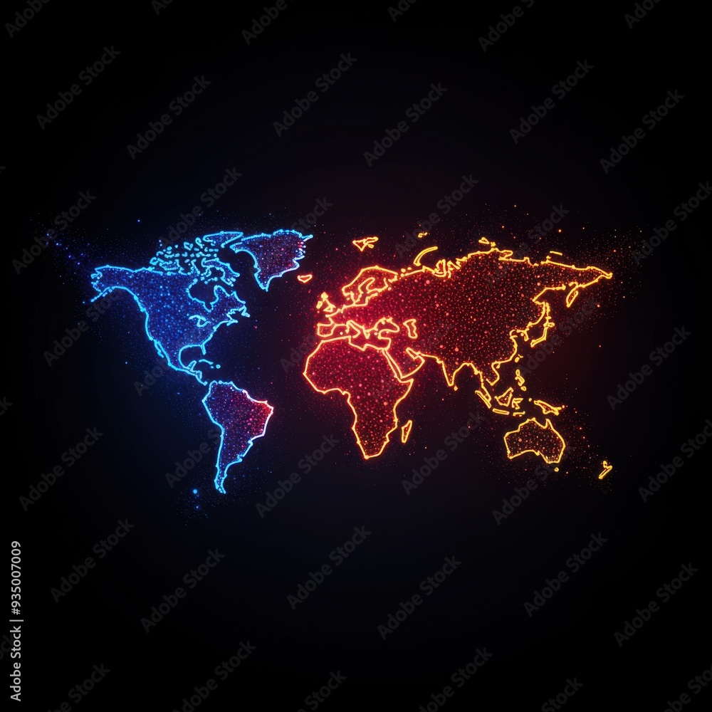 Poster global connections: abstract map of the world in vibrant dots