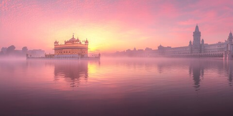 Naklejka premium Majestic 3D Golden Temple: Abstract Artistic Representation of Shri Harmandir Sahib in Amritsar. Elegant Minimalist Design with Gradient Textures, Ideal for Cultural Marketing, UI Backgrounds, and Hig